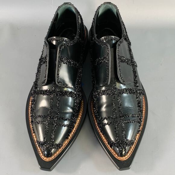 SIMONE ROCHA Size 8 Black Tinsel Embellishment Leather Slip On Loafers main image 4